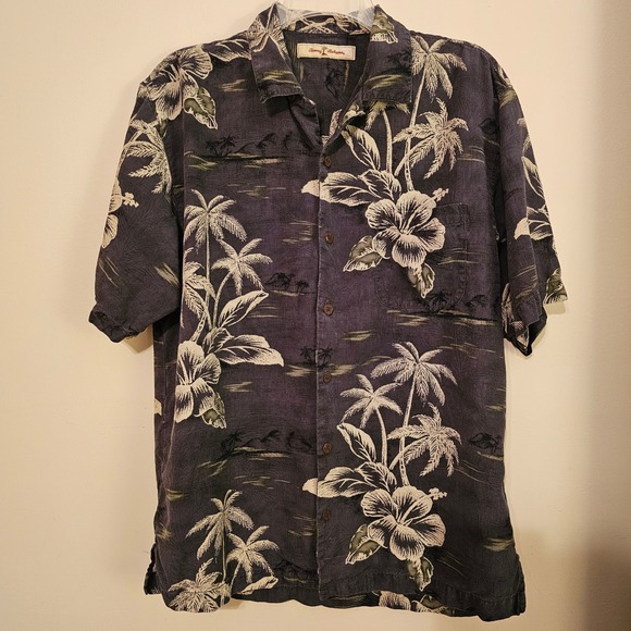 Tommy Bahama Silk Hawaiian Shirt Small Charcoal Palm Hibiscus Tropical RN86549 - Picture 6 of 9